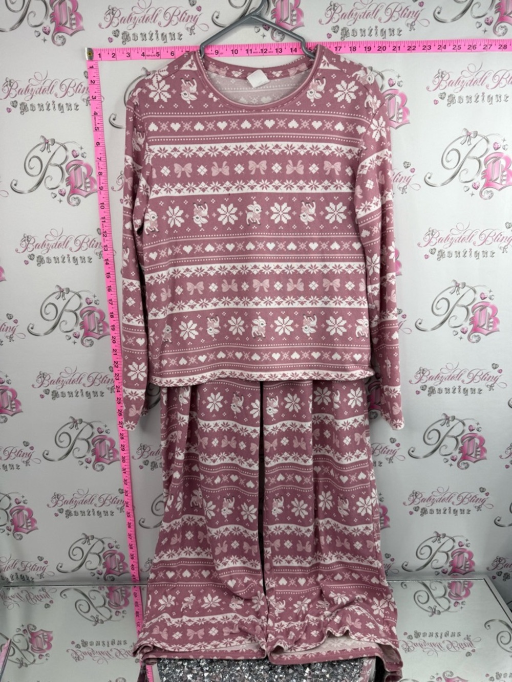 Hollister set 2 piece ribbons deer soft Pink Fair Isle hearts soft Pajama Set